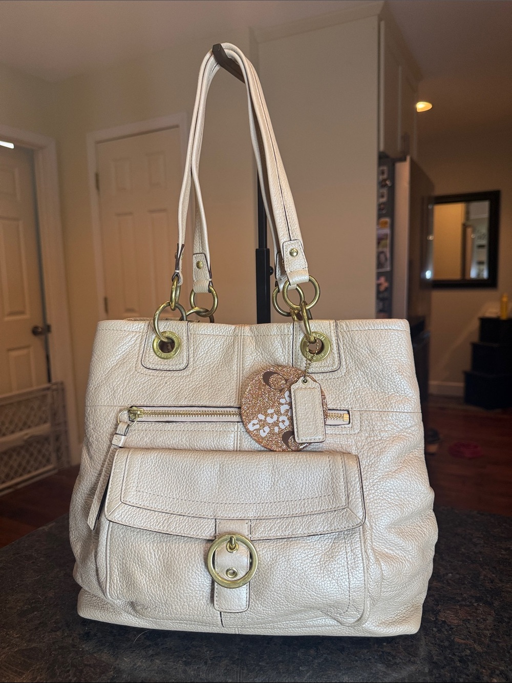 Coach Penelope Champagne Metallic Leather Shoulder Tote with Gold Hardware